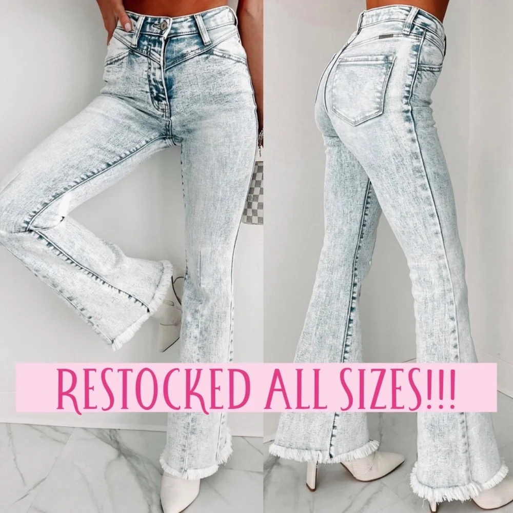 Kancan light wash acid wash high rise flare boho bohemian raw hem denim jeans - Picture 3 of 13